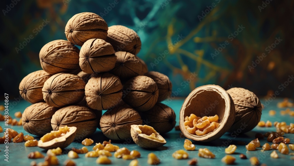 Poster pile of walnuts with broken shells and walnut pieces scattered on a textured surface in natural ligh