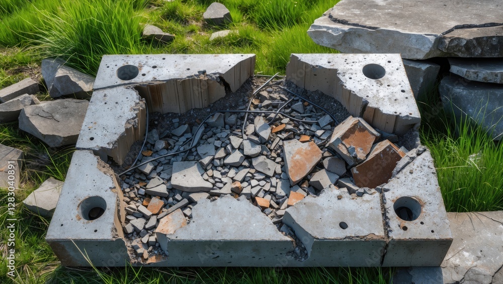 Poster damaged concrete slab with visible cracks and debris set against a backdrop of grass and stone in a 