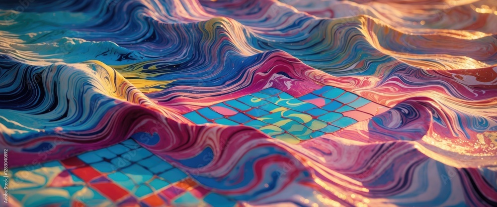 Poster vibrant ebru art displaying traditional marbling technique with colorful waves and intricate tile pa