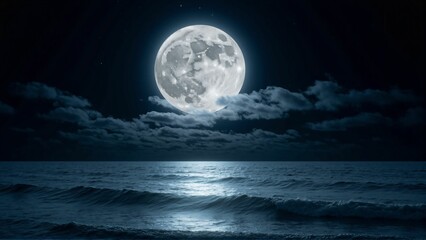 Fototapeta premium Mystical Moonlit Ocean – Bright Full Moon Illuminating the Dark Waves of the Sea