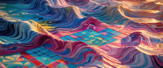 Obraz premium Vibrant Ebru Art Displaying Traditional Marbling Technique with Colorful Waves and Intricate Tile Patterns on Textured Surface