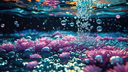 Bubbles rising in water with colorful flowers creating a serene and vibrant underwater scene against a dark background.