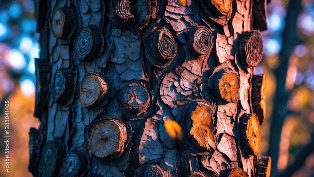 Poster close-up of textured tree bark with circular tree knots and vibrant lighting highlighting natural pa