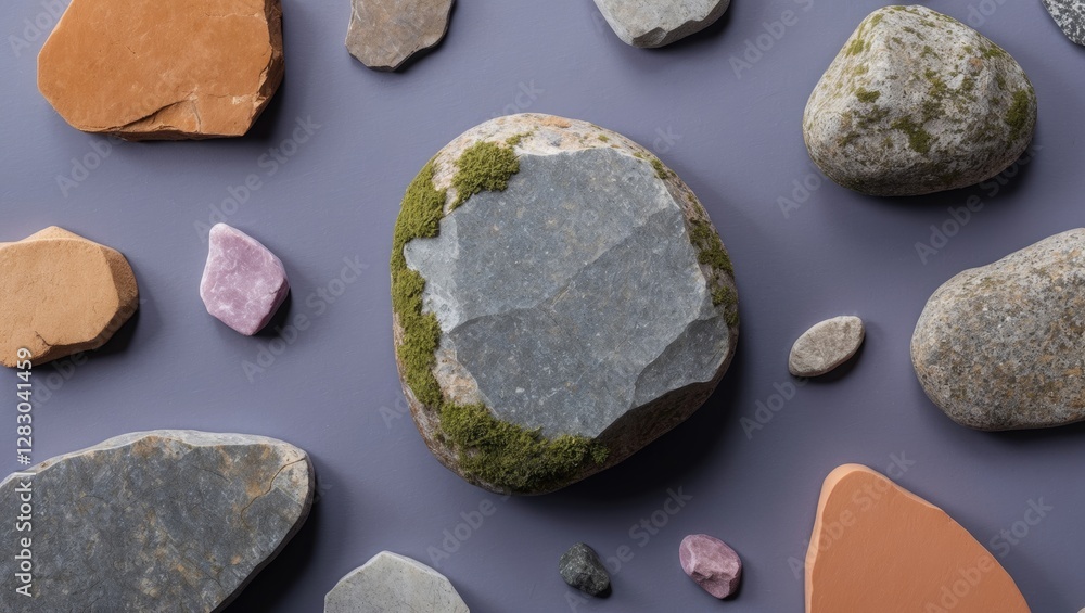 Poster colorful assortment of various shaped stones and pebbles on a gray background with natural textures 