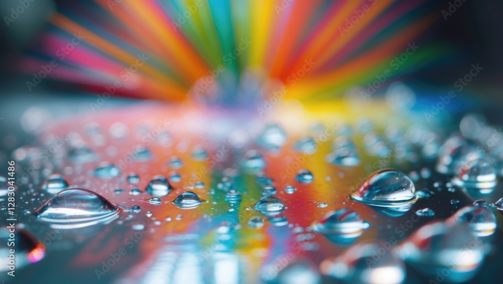 Aufkleber colorful abstract background with droplets of water on a reflective surface and rainbow rays of ligh