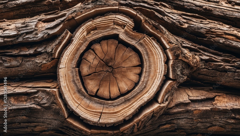 Poster close-up view of textured tree trunk with concentric growth rings and natural wood patterns