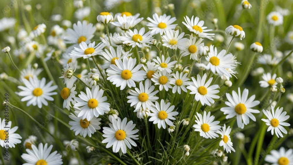 Poster bouquet of white chamomiles on a bright background showcasing spring blooms with ample space for cop