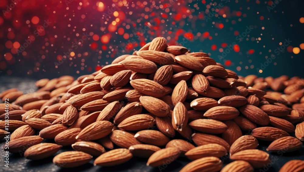 Poster heap of raw almonds on a dark surface with a blurred colorful background of lights and bokeh effect