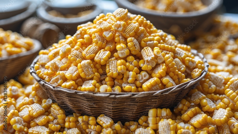 Poster dried corn kernels piled in a woven basket with additional kernels scattered across a table surface 