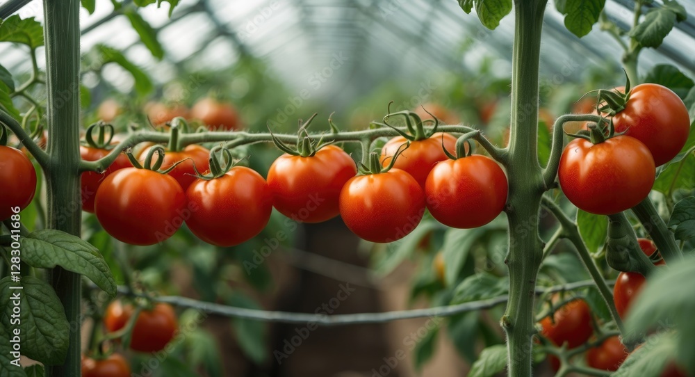 Poster ripening tomatoes on vine in greenhouse with lush greenery and ample space for text or branding elem