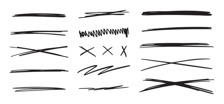 Scribble doodle underlines set. Underline and cross markers collection. Doodle lines isolated on white background.
