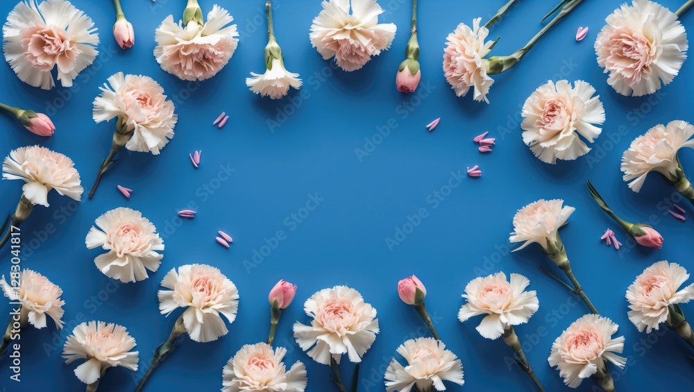 Poster carnations arranged on blue background creating a charming frame with copy space for mother's day or