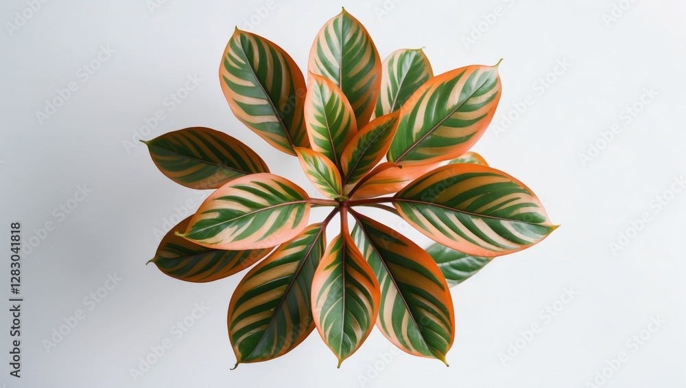 Poster calathea lutea leaf vibrant patterns and rich colors displayed from the top view on a clean white ba