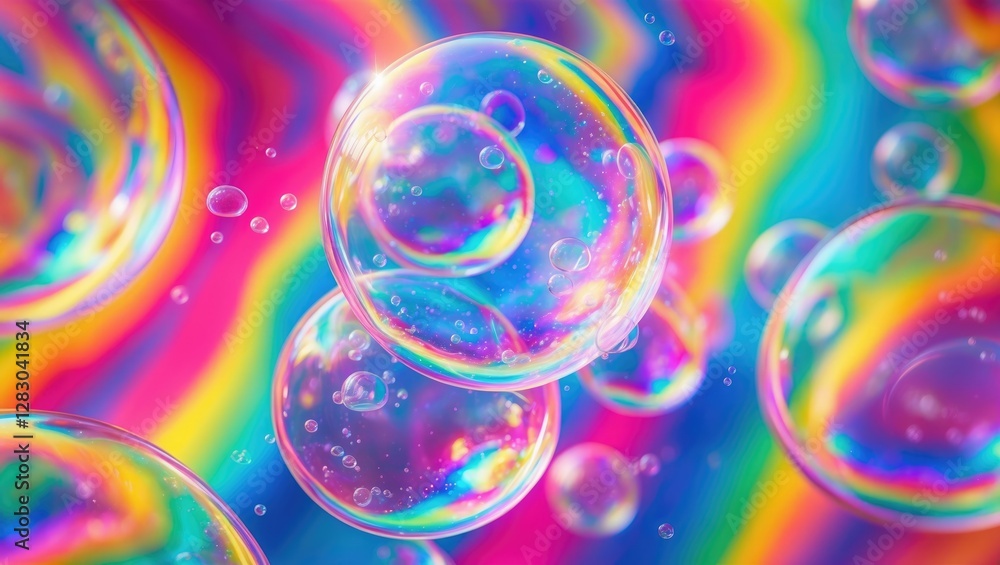 Poster colorful soap bubbles floating over a vibrant rainbow swirl background with reflections and light di
