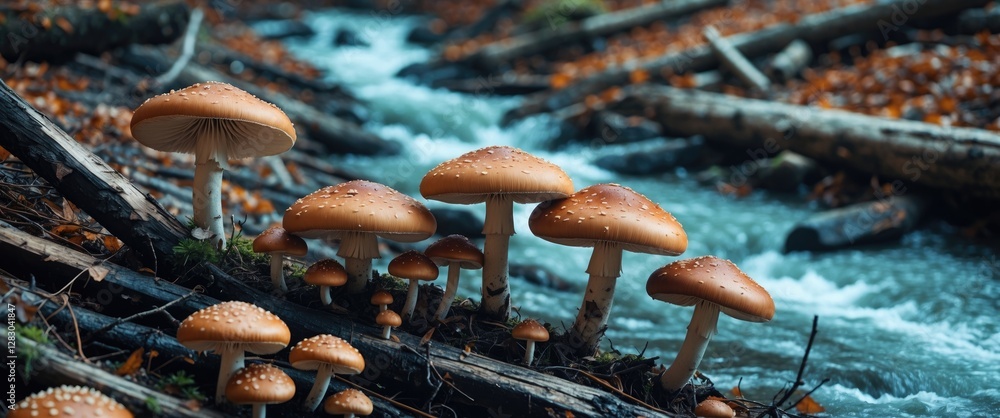 Poster mushrooms growing on wet logs along a flowing stream in a serene forest setting with colorful autumn