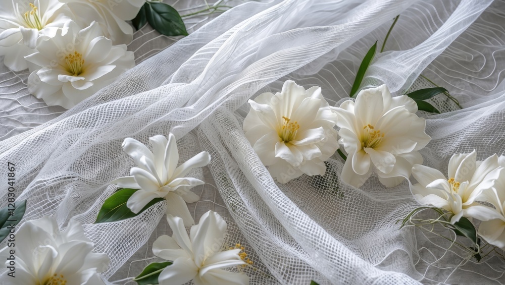 Poster white flowers arranged on soft sheer fabric creating a delicate and elegant background for photograp