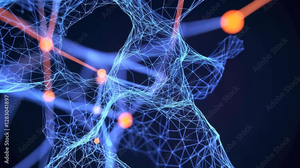 Poster futuristic digital network interconnected blue lines and glowing nodes illustrate abstract technolog