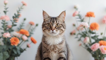 Cat sitting among colorful flowers with a neutral background, displaying vibrant fur and expressive eyes, in a bright indoor setting.
