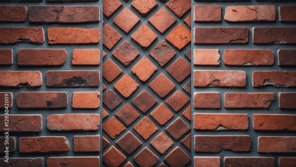 Poster vintage red brick wall with intricate checkerboard tile pattern offering a rustic and textured backd