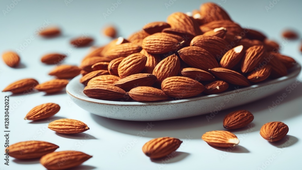 Poster almonds piled on a plate with scattered almonds on a light background showcasing the texture and nat