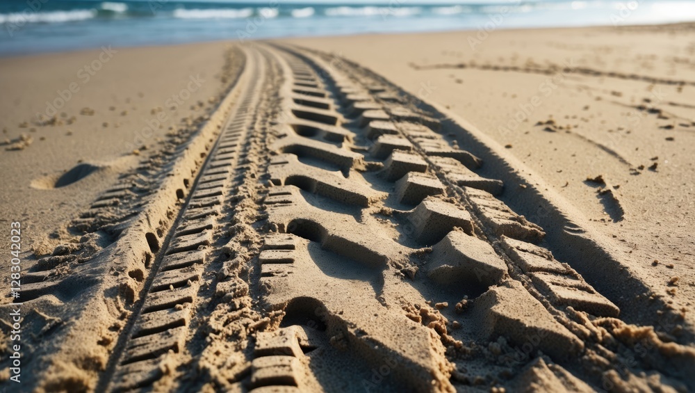 Poster car tire tracks in sandy beach close-up with ocean waves in background showcasing textured patterns 