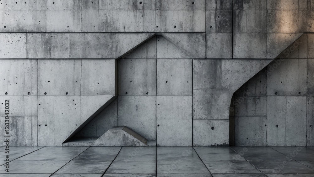 Poster geometric concrete wall with textured surface and angular cutouts in modern minimalistic architectur