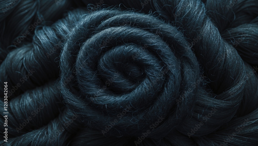 Poster dark wool spiral texture in close-up showcasing intricate fiber details and rich color variations fo