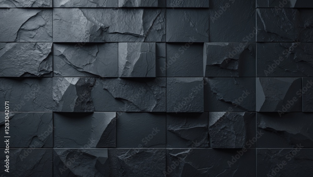 Poster textured wall made of dark slate tiles with a three-dimensional appearance and varying surface patte