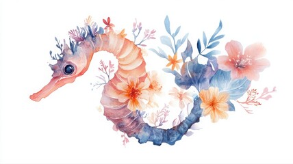 Fototapeta premium Delicate watercolor seahorse created from tropical flowers with soft pastels. Generative AI