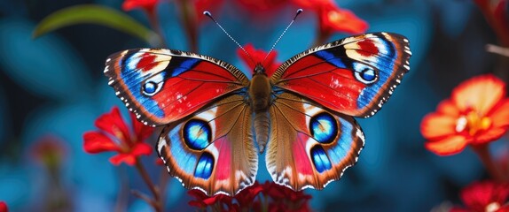 Fototapeta premium Colorful Peacock Butterfly perched on vibrant red flowers showcasing its striking blue eye spots and intricate wing patterns.