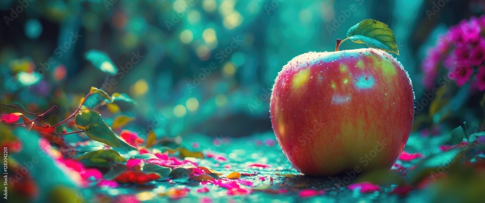 Aufkleber Shiny red apple with dew drops on a flower-strewn ground in a colorful garden setting with soft focus background