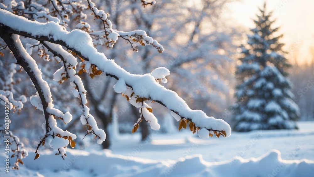 Poster snow-covered branch in winter landscape with trees and soft sunlight creating a serene and peaceful 