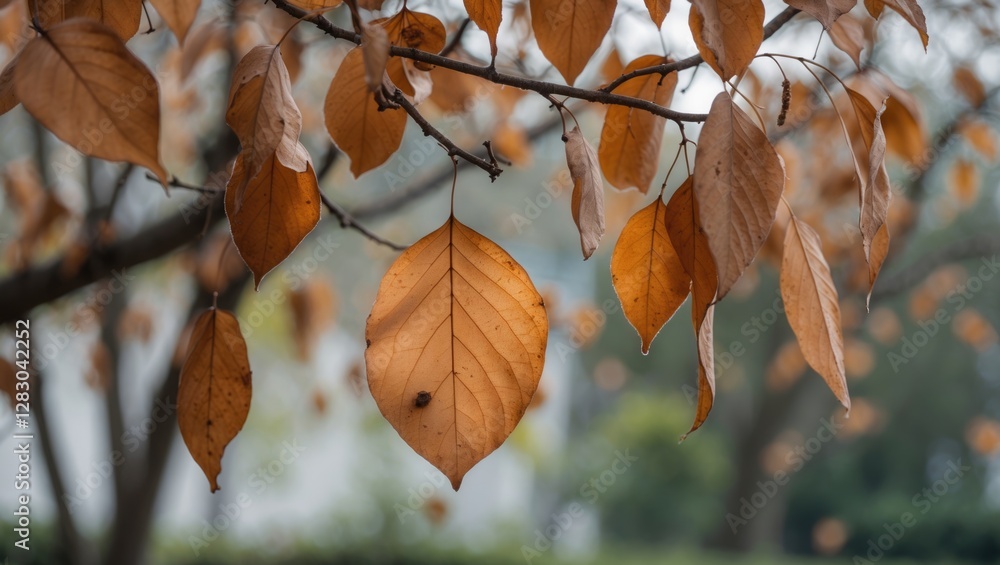 Poster autumn foliage with brown leaves hanging from branches in soft focus creating a serene and tranquil 