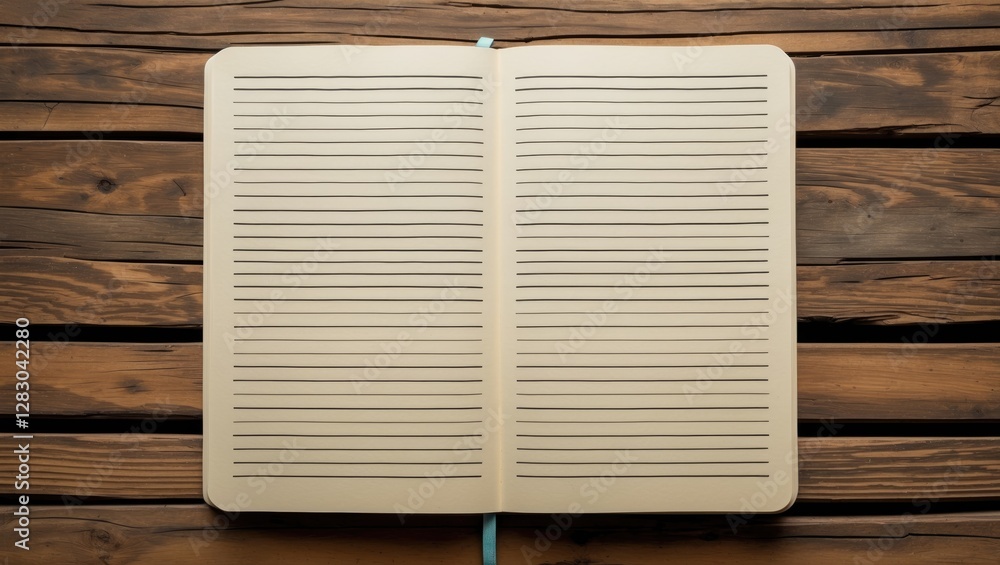 Poster closed blank notebook with lined pages on rustic wooden background for stationery and writing concep