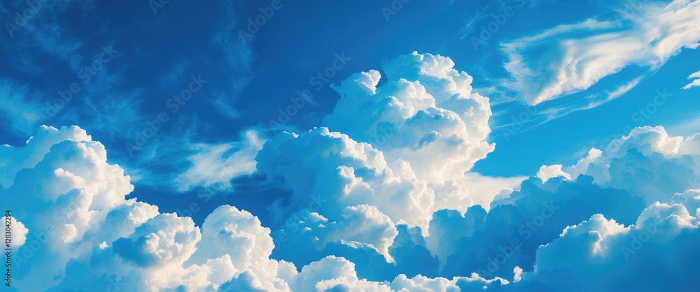 Poster vivid blue sky adorned with fluffy white clouds creating a serene natural backdrop for various desig