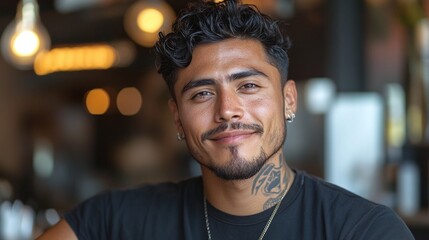 Obraz premium young latin american barber thriving in professional grooming business as independent entrepreneur with stylish modern shop haircut services razor shaving and success in trendy male career industry