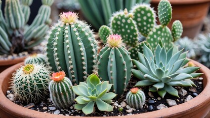 Fototapeta premium Diverse collection of cacti and succulents in a terracotta planter showcasing vibrant colors and unique shapes for home decor and gardening.