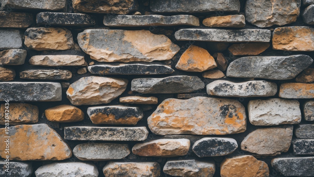 Poster textured stone wall composed of various sizes and colors of rocks arranged in a structured pattern
