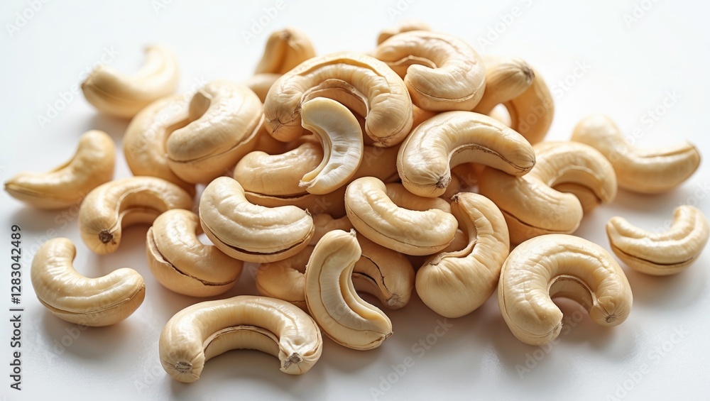 Poster raw cashew nuts piled on a clean white surface showcasing their unique shape and texture ideal for f