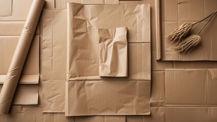 Recycled kraft paper sheets and cardboard texture flat lay eco-friendly packaging background