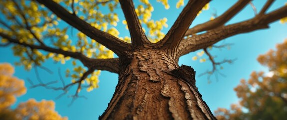 Naklejka premium Low angle view of a tree trunk with textured bark and green leaves against a clear blue sky in a natural outdoor setting