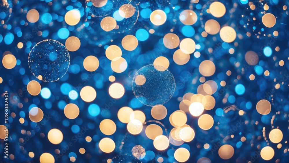 Poster blue and gold bokeh lights background with circles and soft focus for festive decorations and abstra