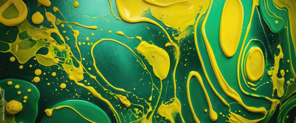 Poster abstract art with yellow and green paint splashes and fluid patterns on textured surface background