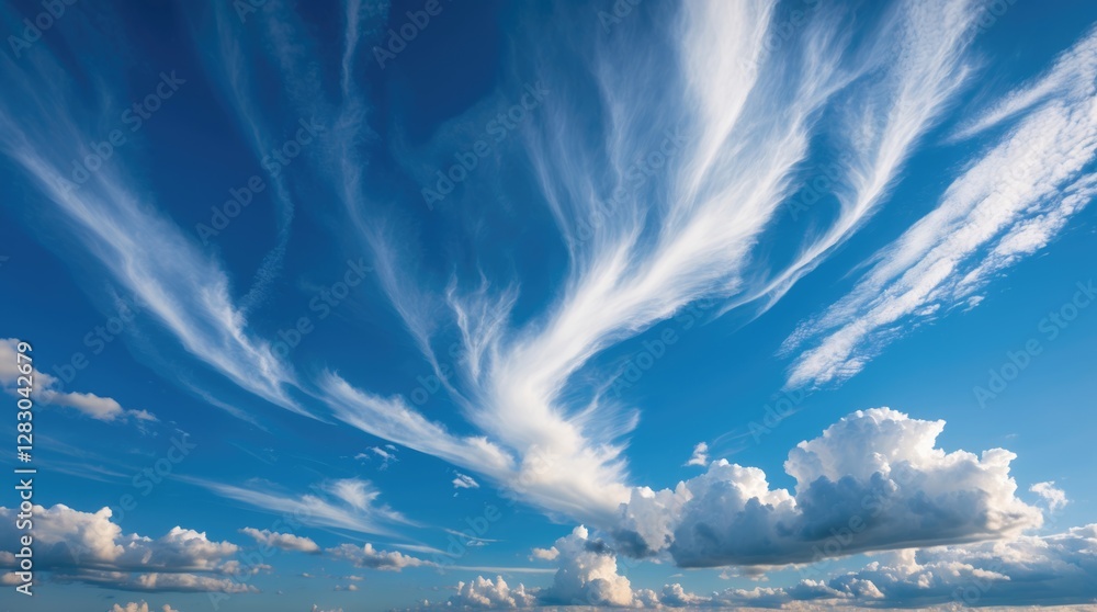 Poster vibrant blue sky with wispy clouds creating a tranquil and serene backdrop for various projects and 
