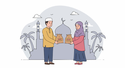 Middle Eastern man and woman exchanging food packages in front of mosque silhouette, symbolizing generosity during Ramadan.