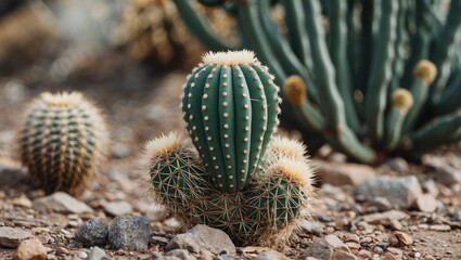 Close-up of cacti in natural desert landscape featuring various shapes and textures with rocks and soil in background