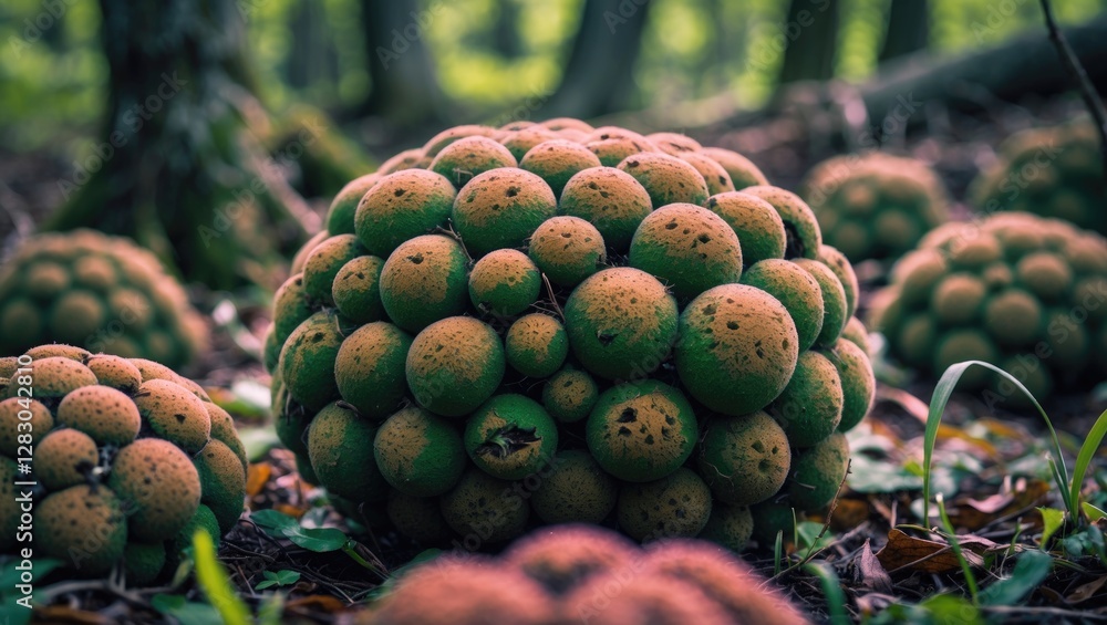 Wall mural fungi cluster resembling spherical shapes on forest floor surrounded by green foliage and natural su