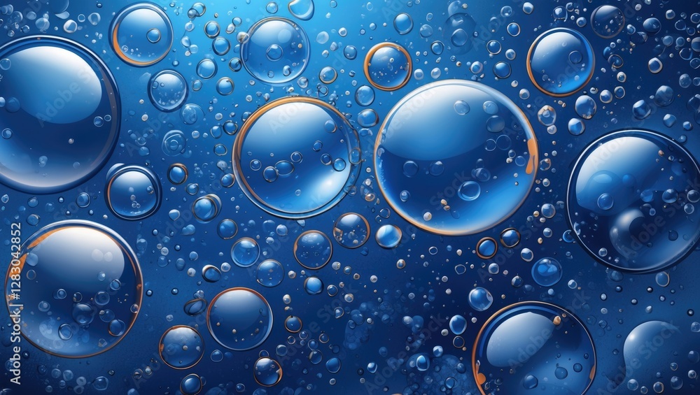 Poster blue background featuring a variety of transparent bubbles with reflections and details creating a s