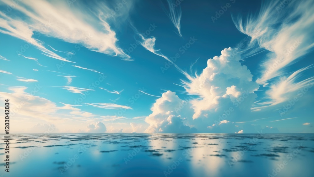 Poster tranquil blue sky with wispy clouds reflecting on the calm water surface creating a serene and peace