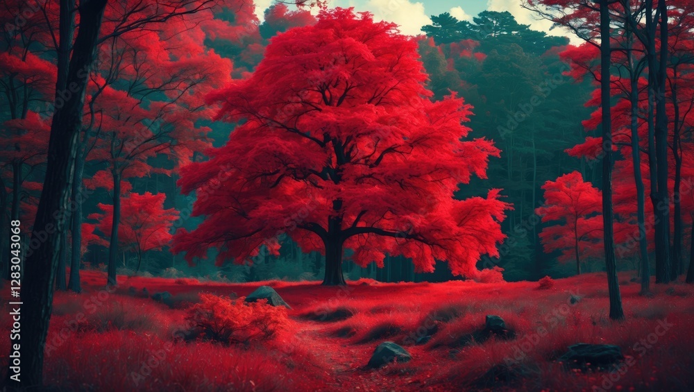 Poster vibrant red autumn tree in a forest surrounded by red foliage and rocks in a serene natural setting